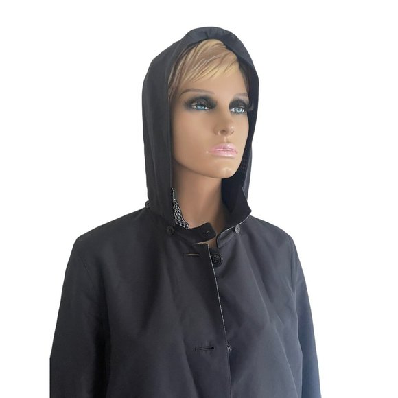 Sanyo Long Sleeve Button Closure Hood Houndstooth Trench Coat Jacket Black - 12 - Picture 4 of 12